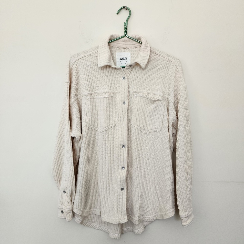 Aerie Waffle Knit Button Down Shirt Cream Ivory Oversized Shacket Small
